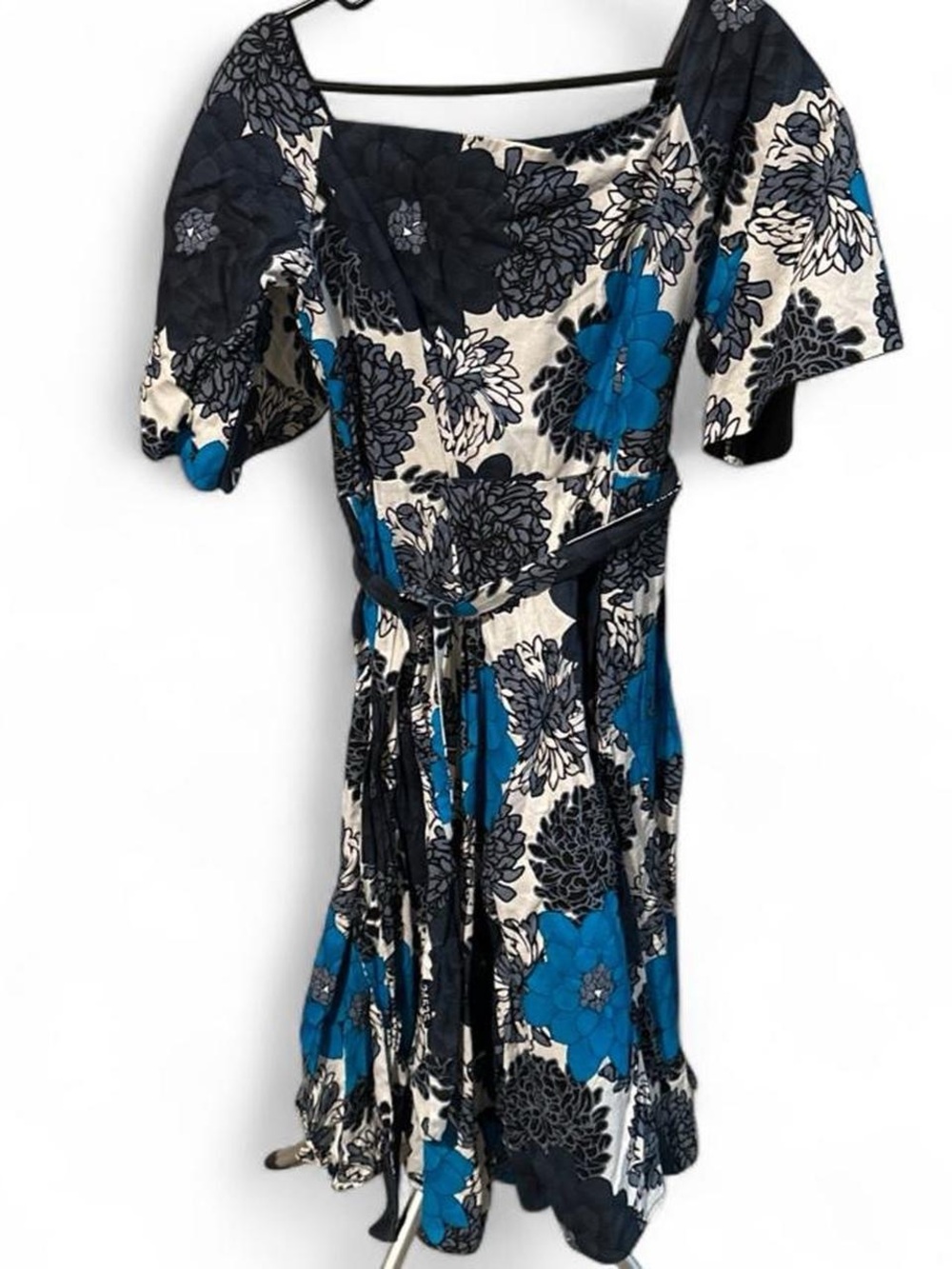 Floral Fit-and-Flare Dress in Blue and Black